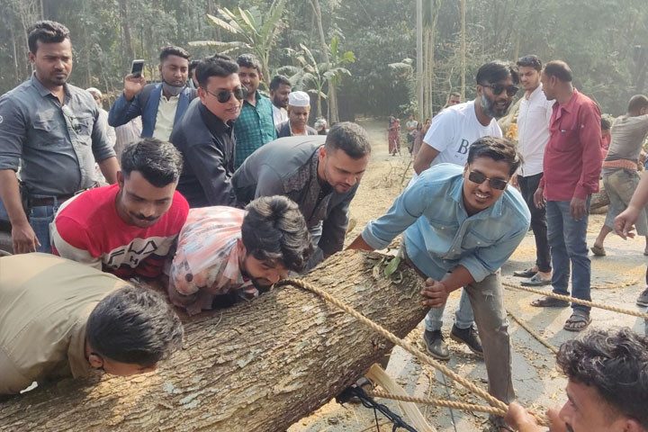 রাস্তা থেকে গাছ সরিয়ে যানজট নিরসন করলেন মাশরাফি