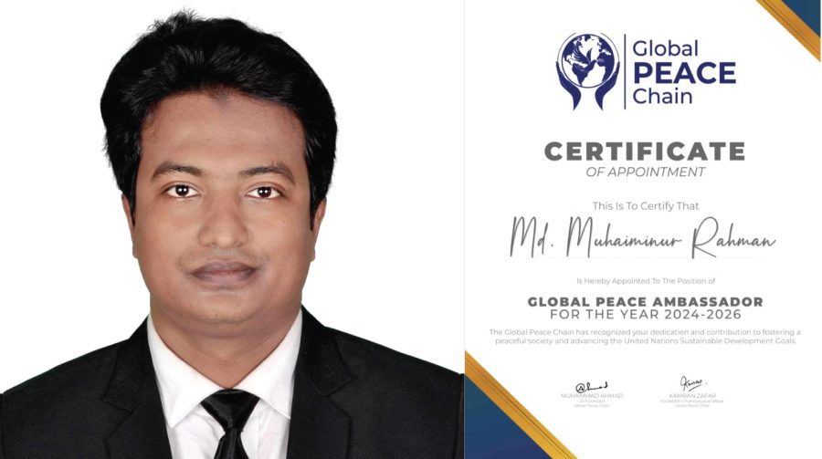 'গ্লোবাল পিস চেইন'র বৈশ্বিক শান্তি দূত হলেন কুষ্টিয়ার এ্যাড. পলল